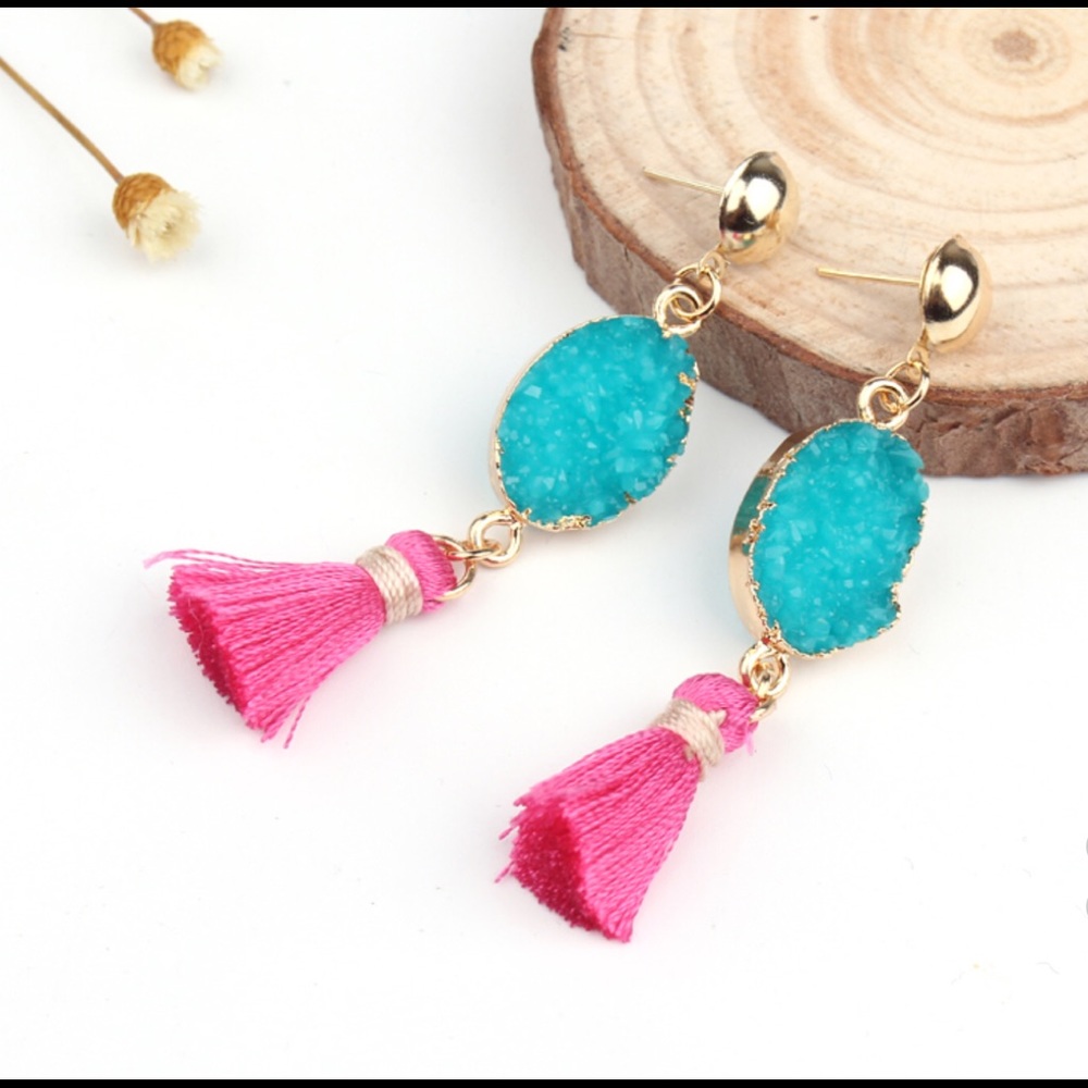 Pink Tassel Earring with Blue Stone